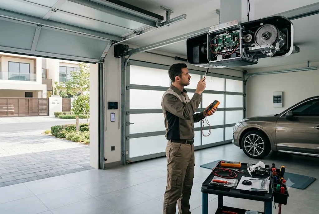 Technician repairing an automatic garage door motor system in Dubai