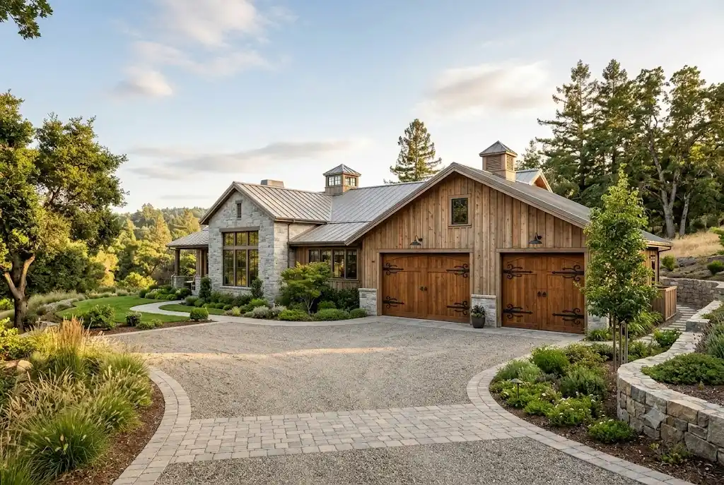 Rustic barn style garage doors with decorative hardware on a luxury residential property