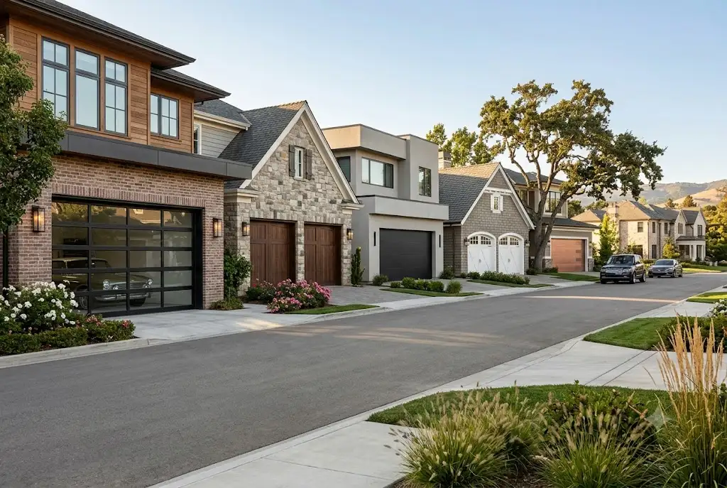 Collection of premium residential garage doors featuring wood, glass, black, and sectional garage door designs