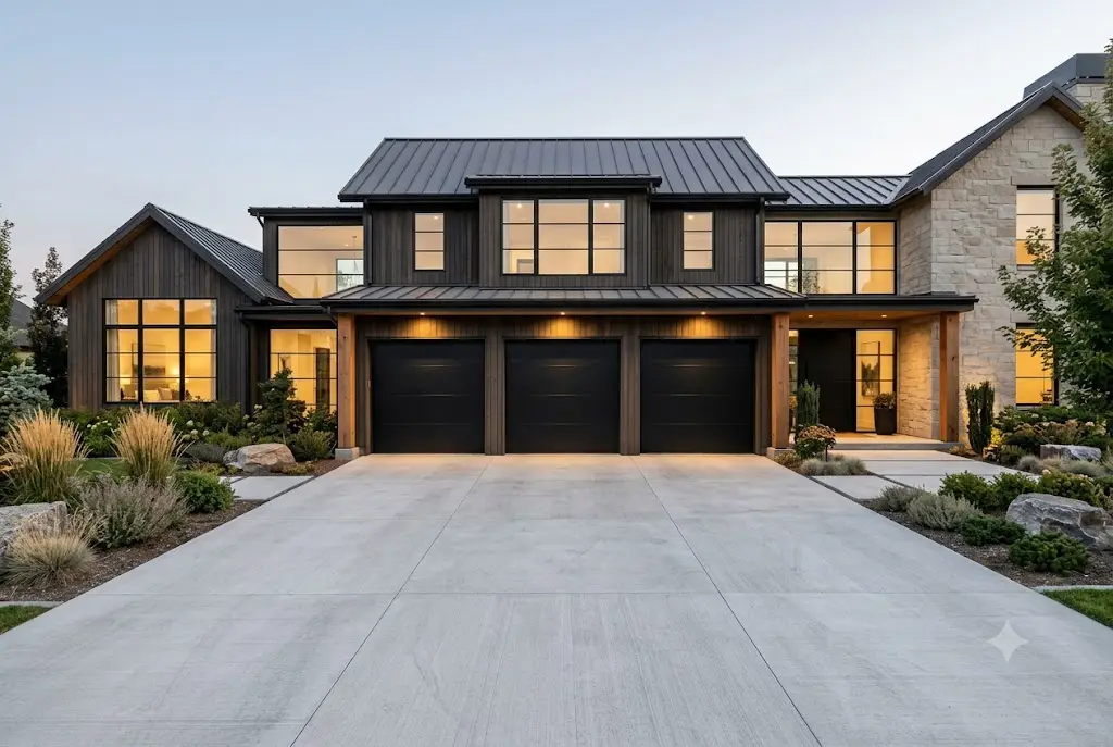 Elegant black garage doors installed on a luxury modern residential home