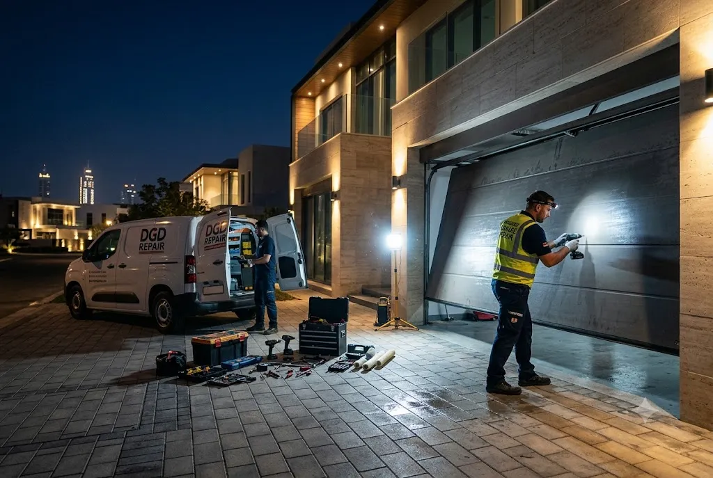 Technician performing emergency garage door repair at a residential property