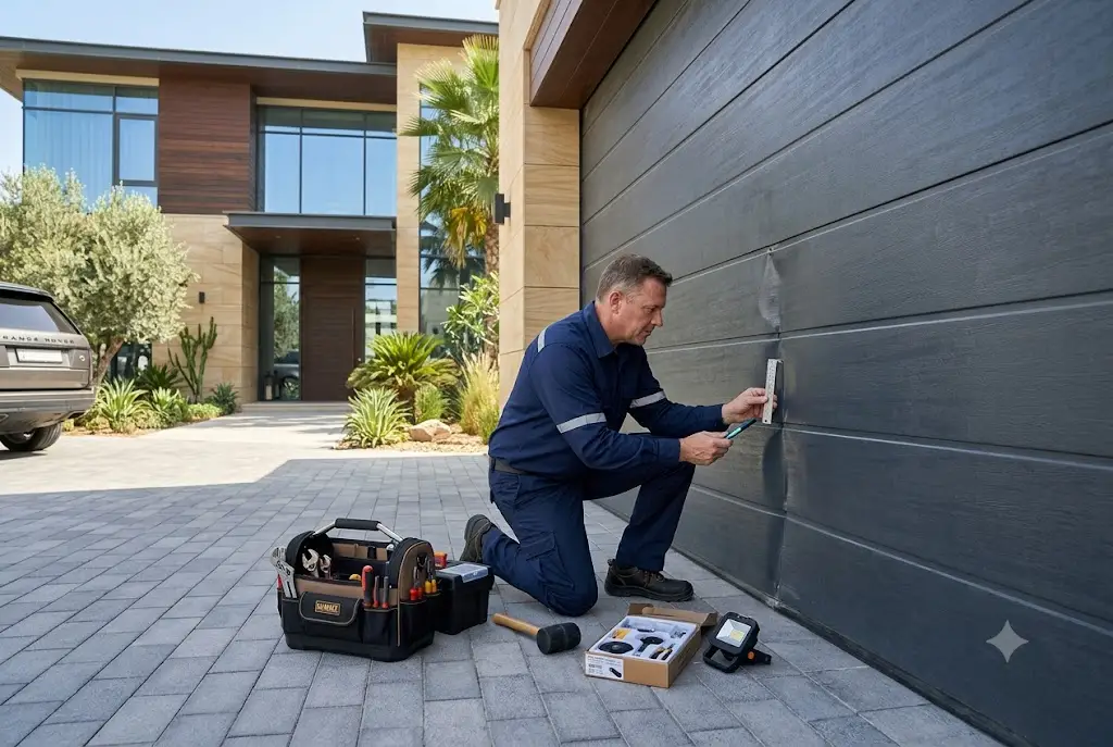 Technician inspecting a dented garage door panel for repair