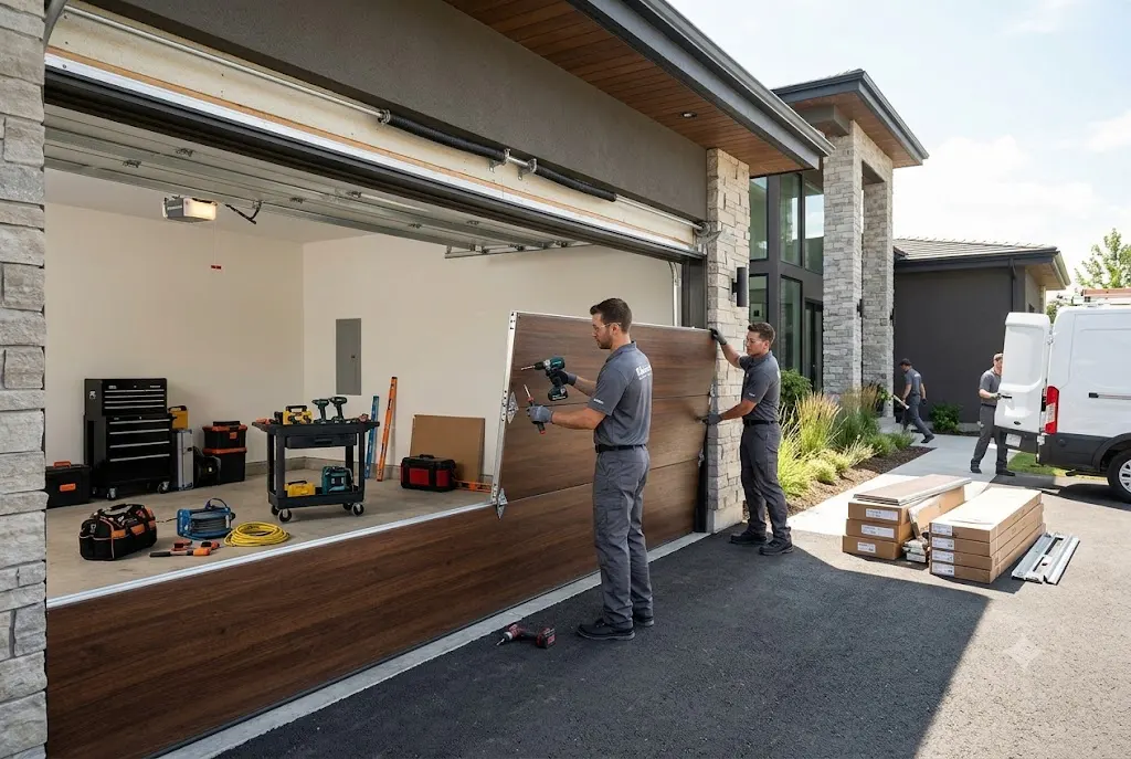 Professional garage door installation at a modern residential property
