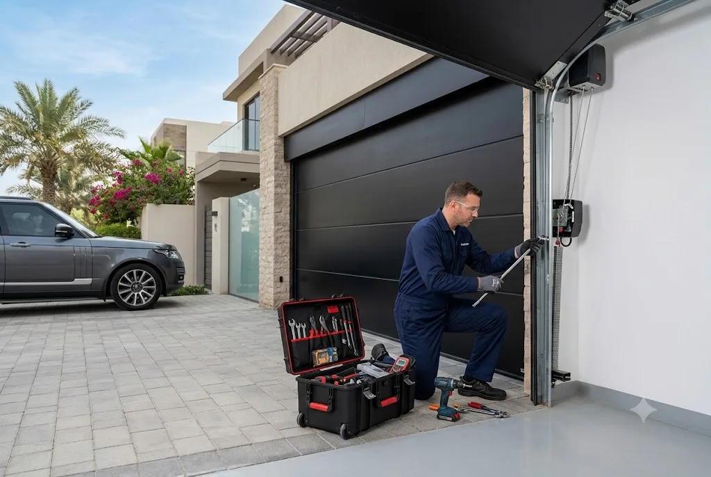 Technician performing garage door repair service at a residential property in Dubai