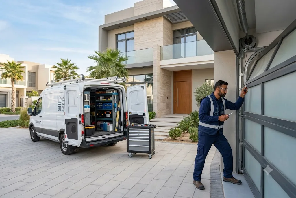 Local garage door repair technician inspecting a residential garage door