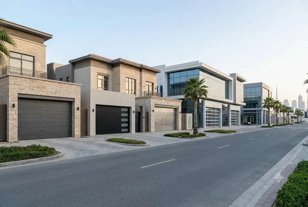 Modern garage doors installed on residential and commercial properties in Dubai