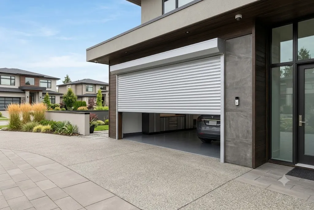 Aluminum roller shutter garage door installed on a modern residential garage