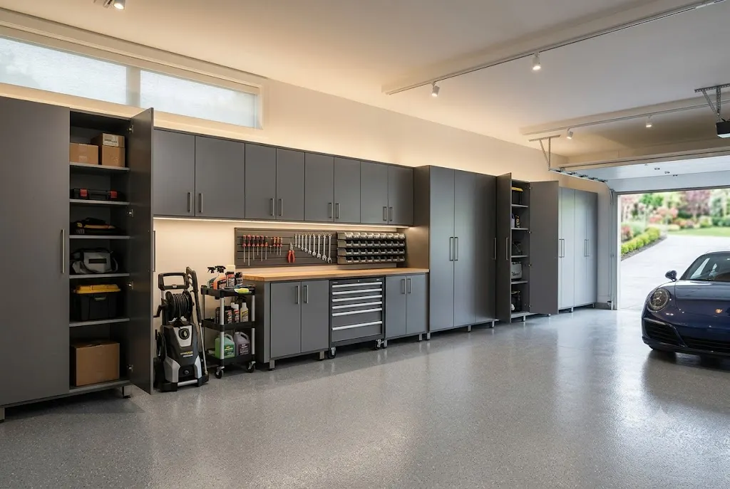 Modern garage storage cabinets with doors installed in a clean and organized residential garage