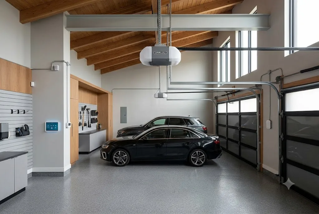 Modern LiftMaster garage door opener installed in a residential garage