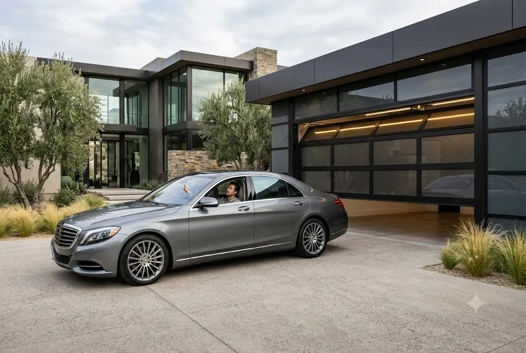 Mercedes vehicle using an integrated garage door opener to access a residential garage