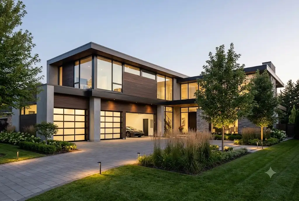 Modern aluminum and glass garage door installed on a luxury contemporary home