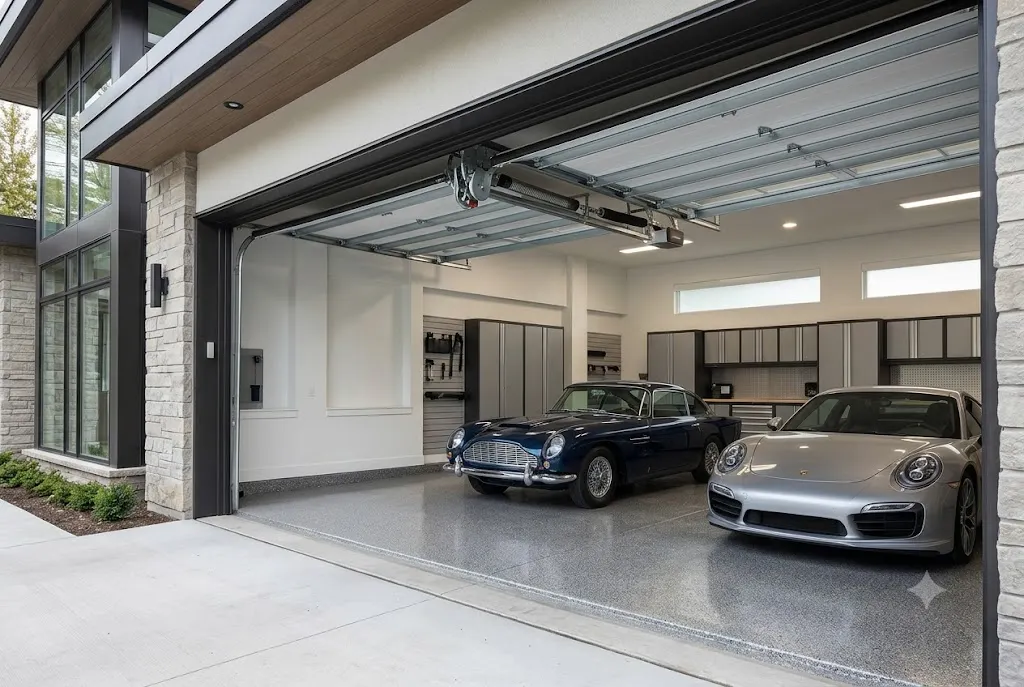 Residential overhead garage door with high lift garage door track configuration