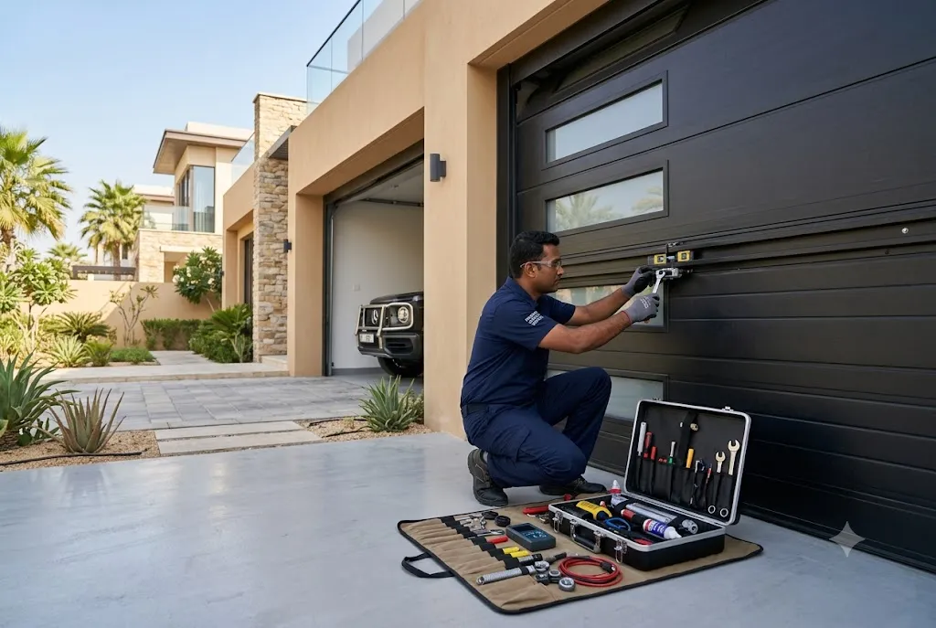 Professional garage door technician performing maintenance and repairs