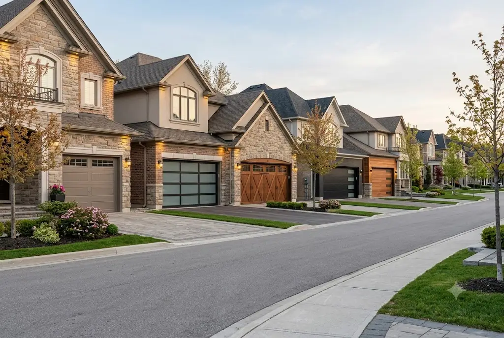 Various types of garage doors including sectional, glass, wood, roller, and modern residential garage doors
