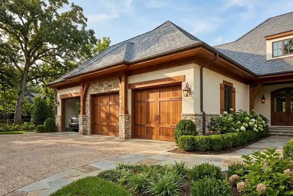Luxury wood garage door panels featuring natural wood grain and custom craftsmanship