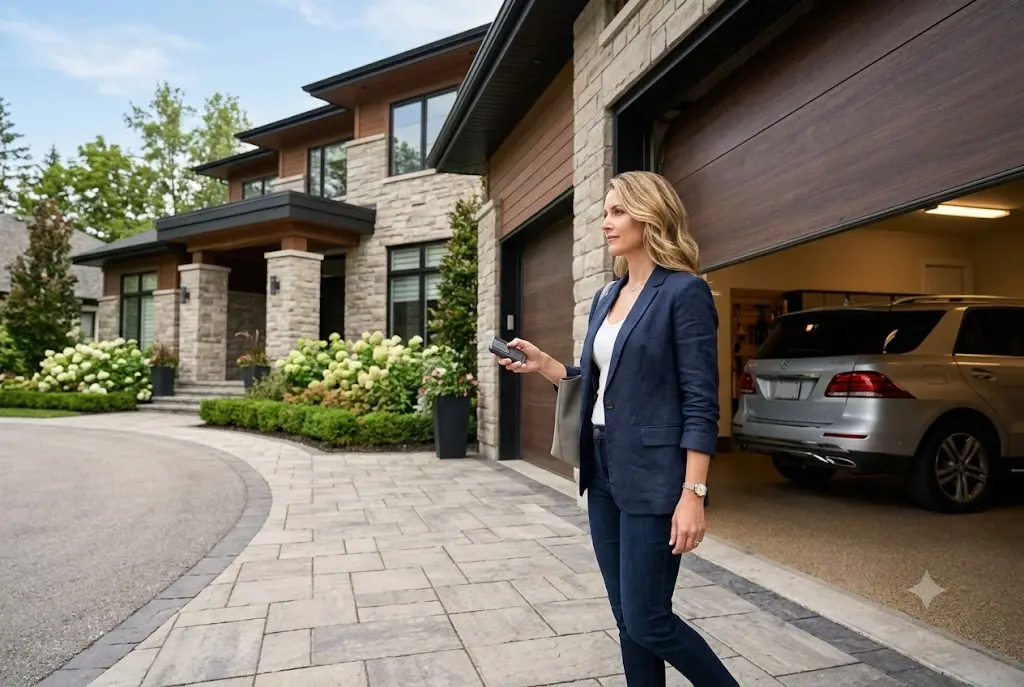 Chamberlain garage door opener remote being used to operate a modern garage door