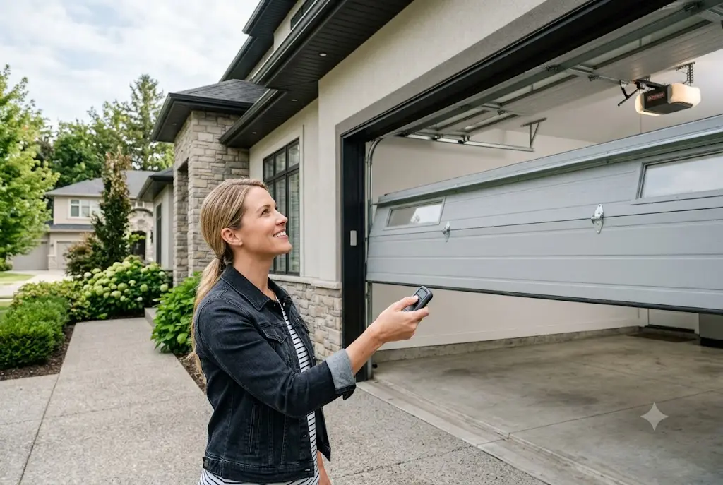 Craftsman garage door opener remote being used to operate an automatic residential garage door
