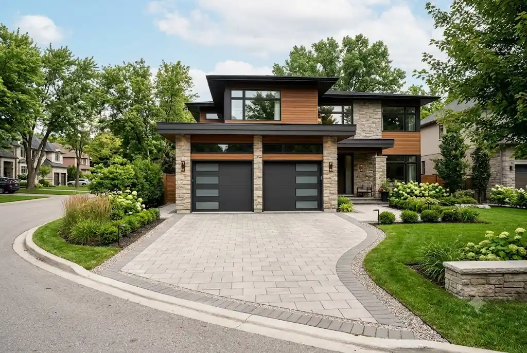 Stylish double door garage door installed on a modern two-car garage