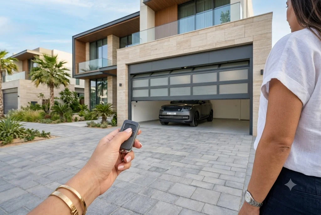 Homeowner using an electric garage door remote to operate an automatic garage door.