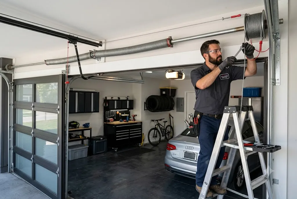 Professional garage door cable replacement being performed on a residential garage door