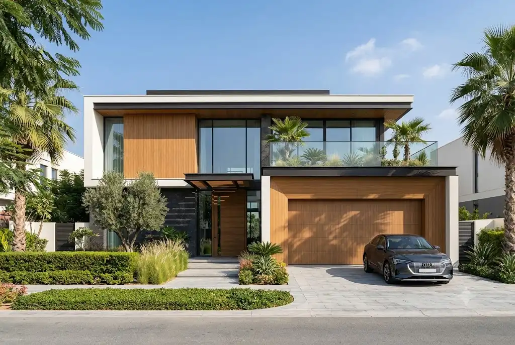 Contemporary garage door cladding installed on a modern residential garage