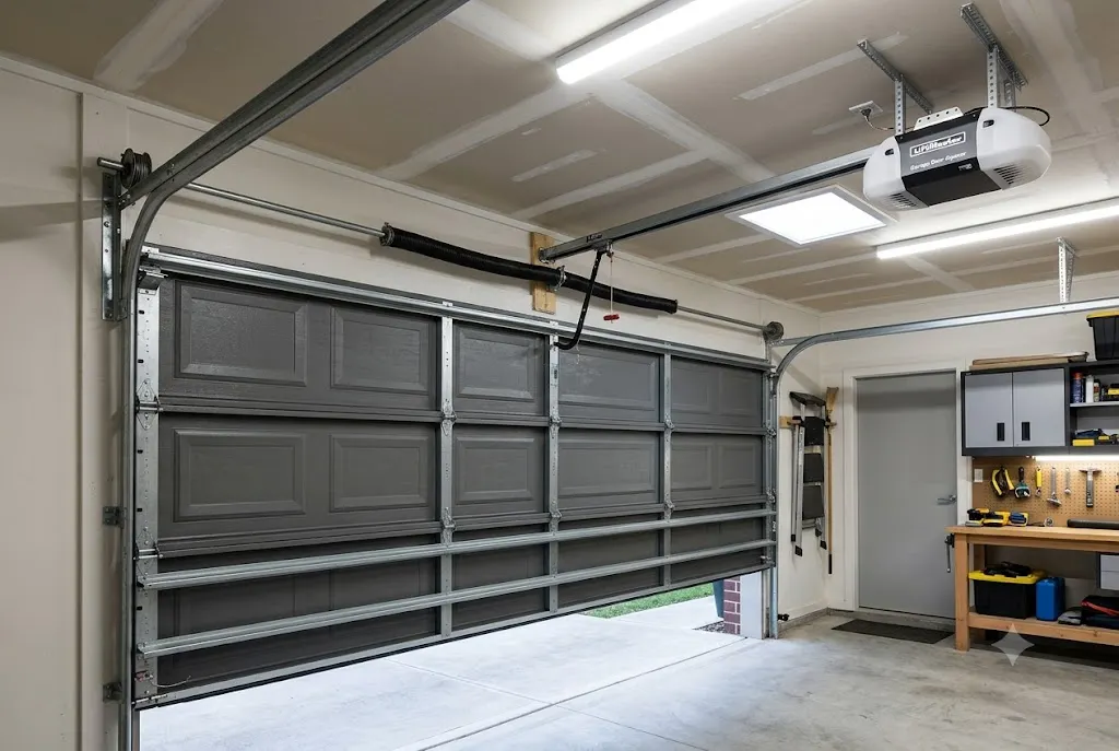 Major garage door components including rails, cables, springs, switches, and rollers
