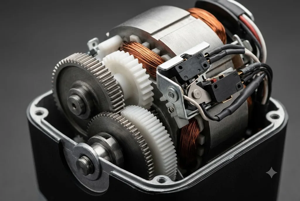 A detailed technical macro view of the internal gears, copper windings, and limit switch of an electric garage door motor.