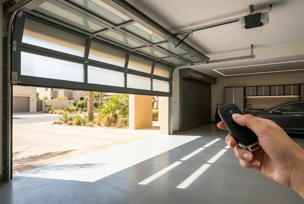 A residential garage door stopped halfway down its tracks while a homeowner attempts to close it using a remote control.
