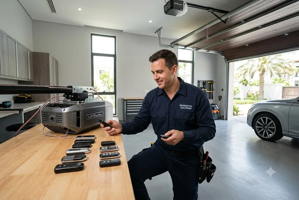 Technician checking garage door opener remote compatibility for a modern automatic garage door system.