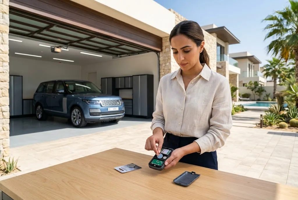 Homeowner performing a garage door remote battery replacement using a new coin-cell battery.