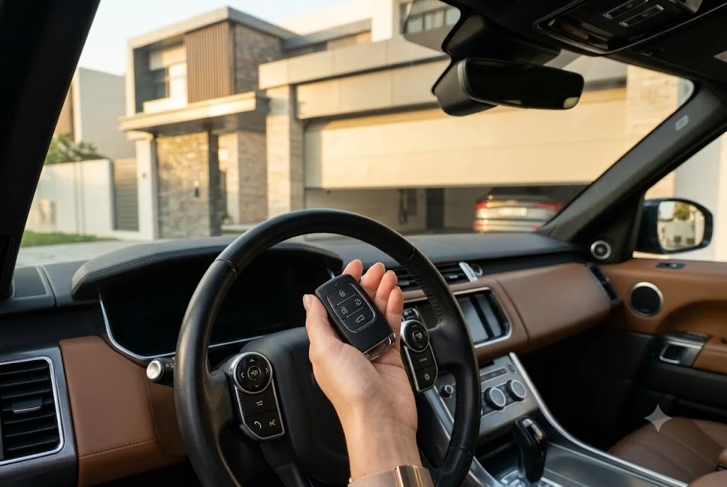 A close up of a driver holding a sleek black garage door remote control inside a vehicle to open a modern villa garage door.