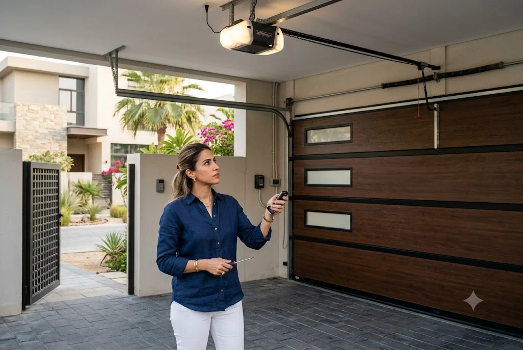 Homeowner diagnosing a garage door remote not working problem in a residential garage