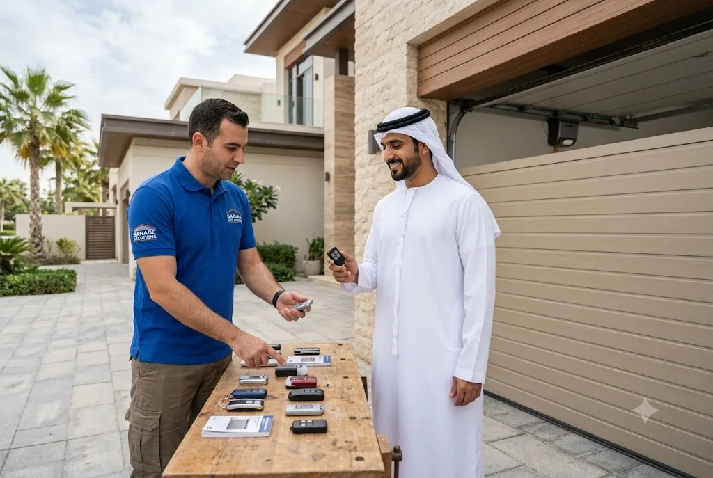 Homeowner choosing a garage door remote replacement for an automatic garage door in the UAE