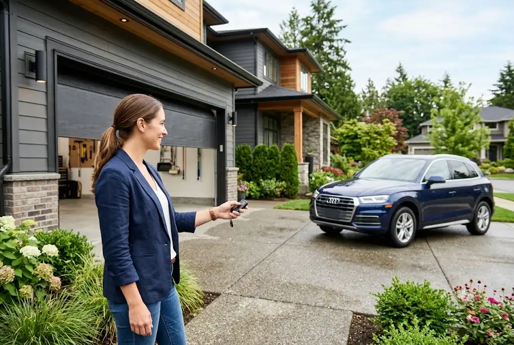 Homeowner using garage door remotes to operate an automatic garage door system