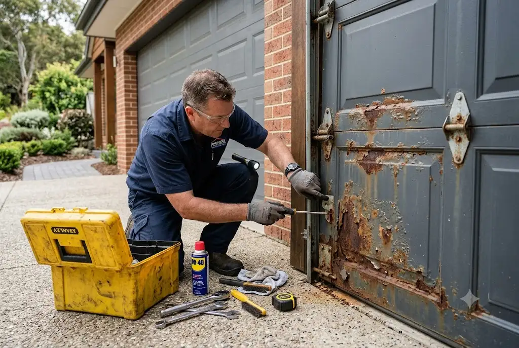 Garage door rust developing on metal garage door components
