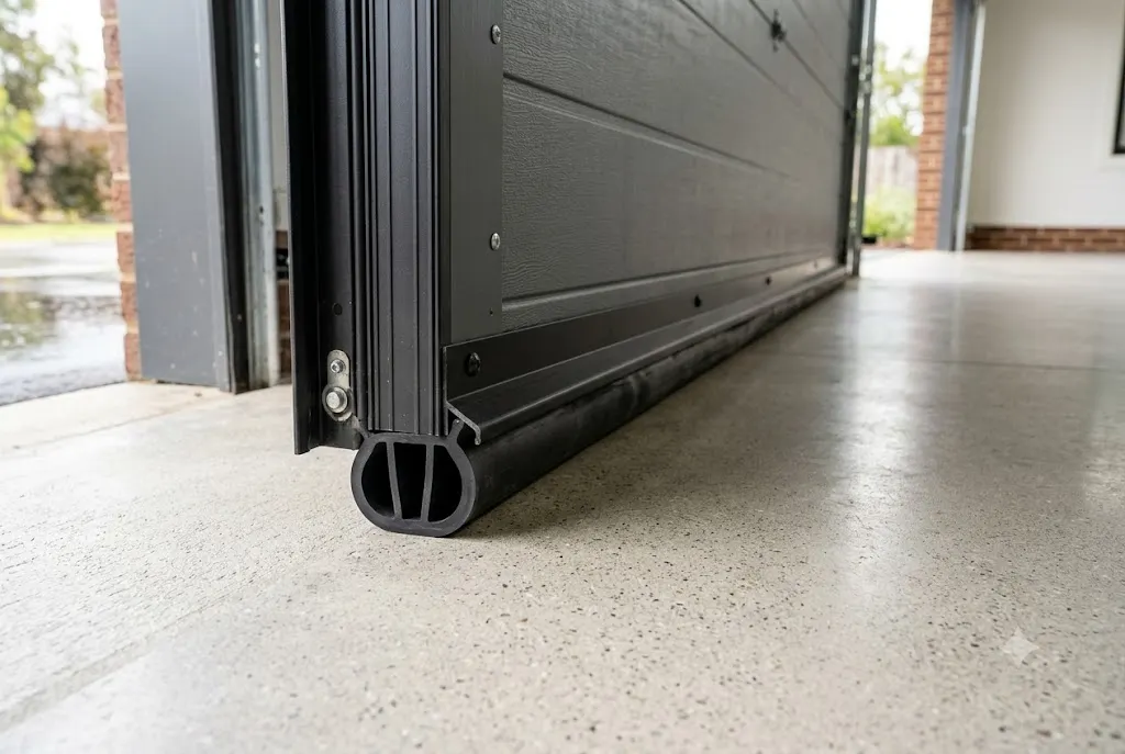 Garage door weather seal installed along the bottom edge of a garage door
