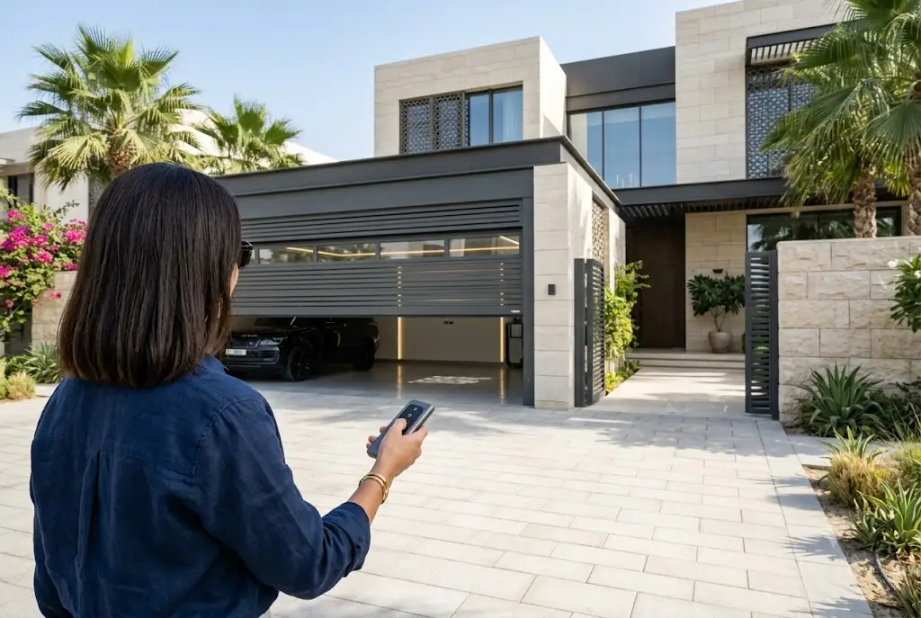 Homeowner using a garage gate remote control to open an automated residential garage gate.