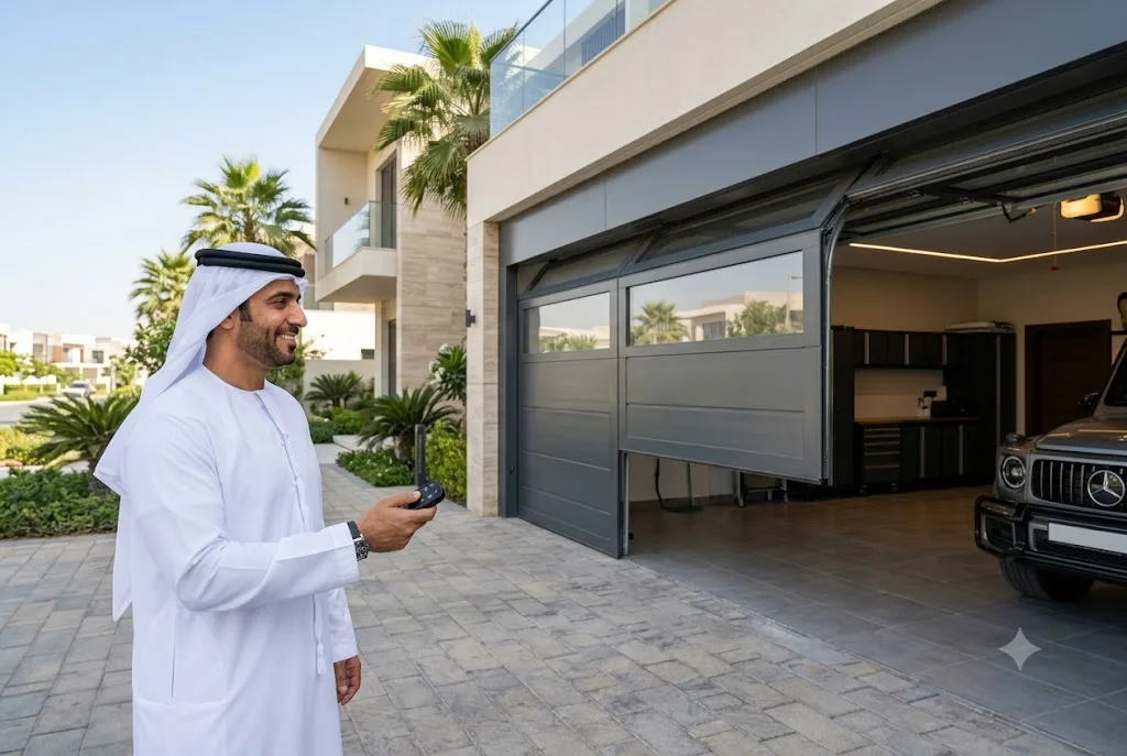 Homeowner using a genie garage door opener remote to open a residential garage door in the UAE