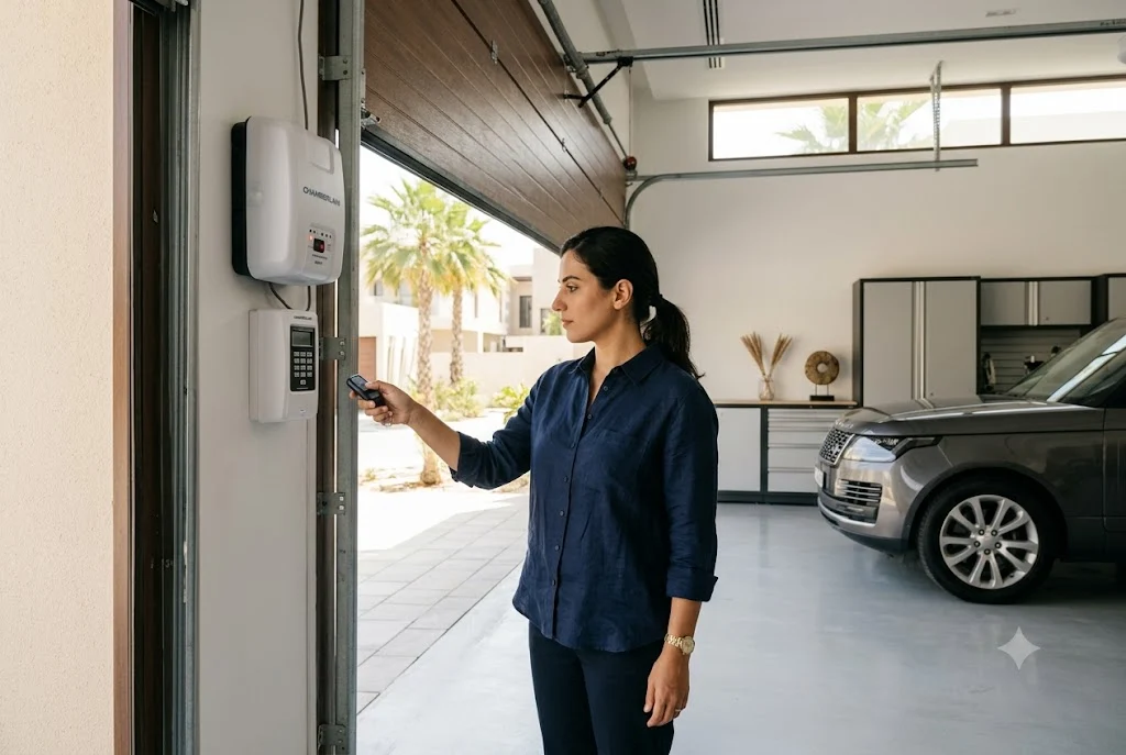 Homeowner learning how to program chamberlain garage door remote with a modern garage door opener