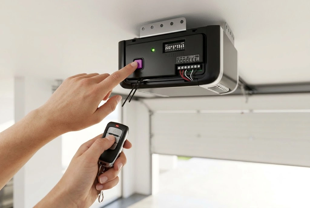 A close-up view of a person programming a modern garage door opener remote by pressing the learn button on the overhead motor panel.