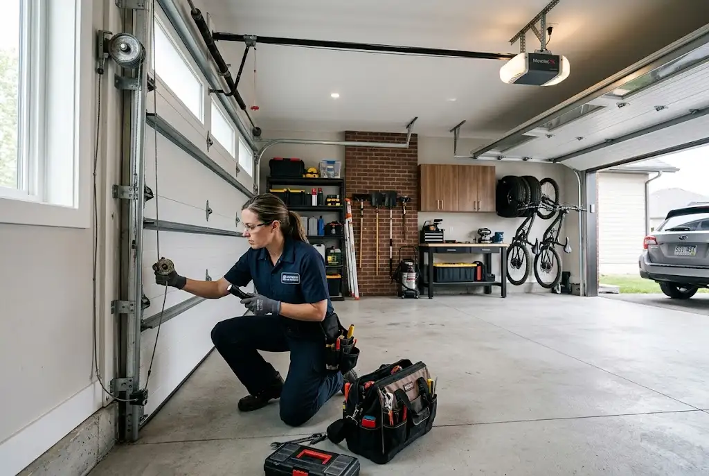 Technician demonstrating how to repair garage door issues safely
