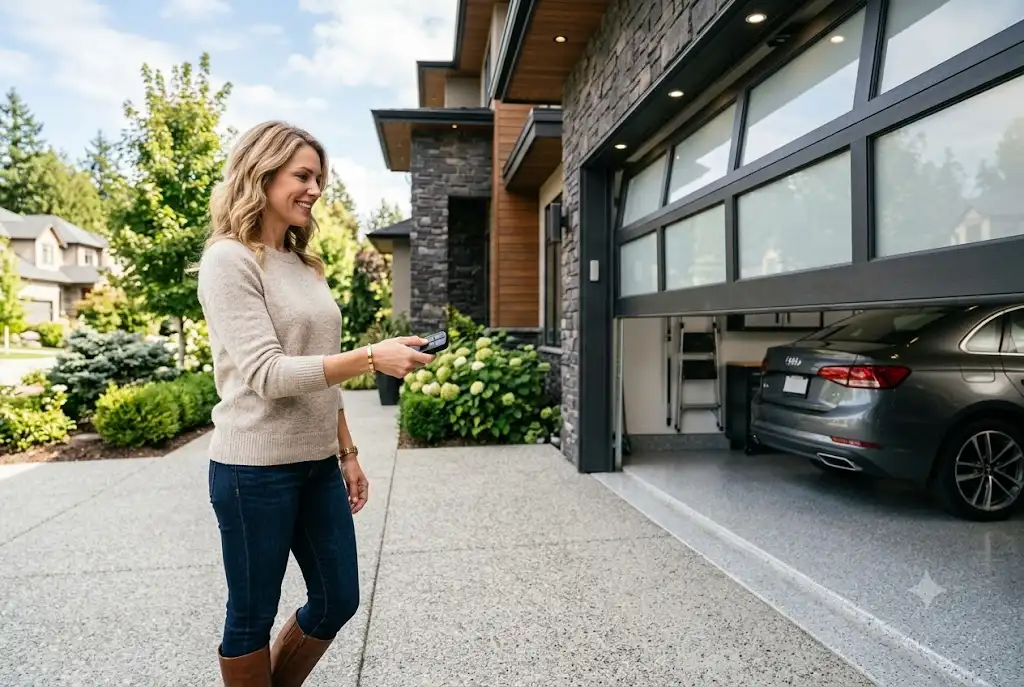 LiftMaster garage door opener remote being used to open a residential garage door