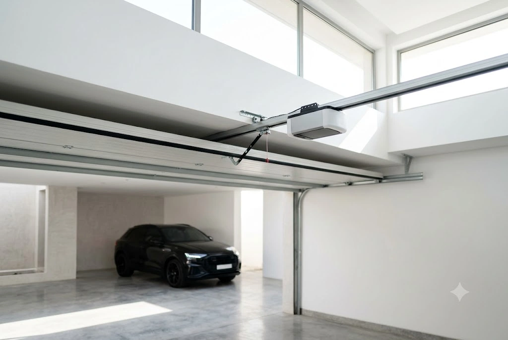 A sleek, modern automatic garage door opener installed on the ceiling of a luxury residential garage in the UAE.