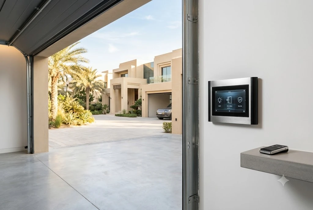 A high-end wall-mounted automated control panel and premium remote control for an international garage door opener system inside a modern villa.