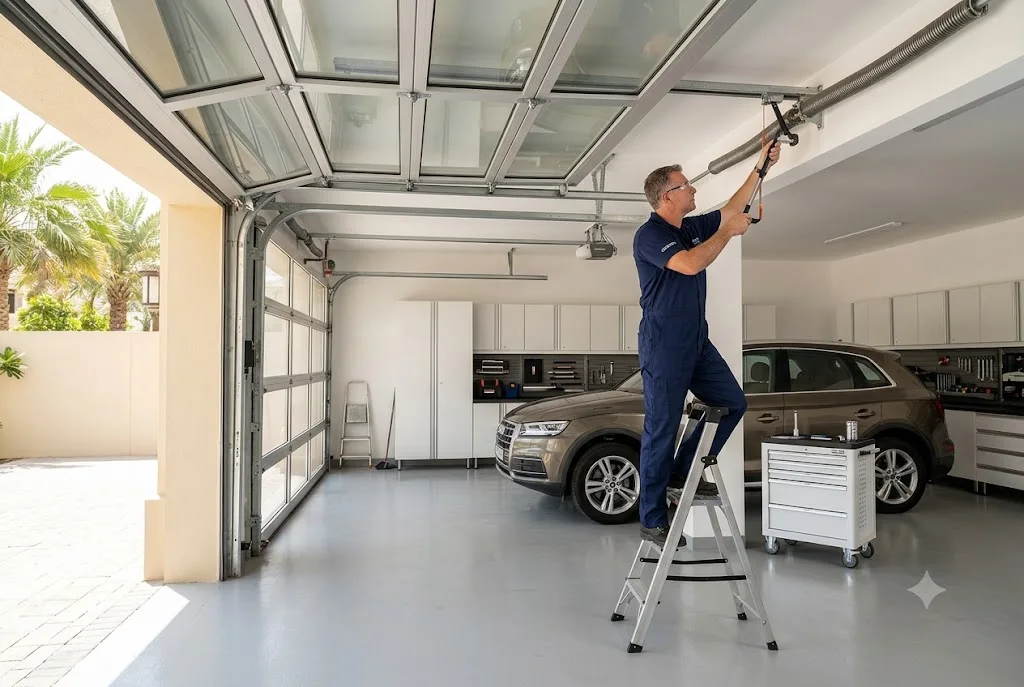 A professional technician inspecting and lubricated the overhead tracks and springs during a routine garage door servicing session.