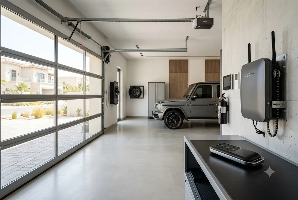 Modern universal garage door opener remote paired with an automatic garage door opener.