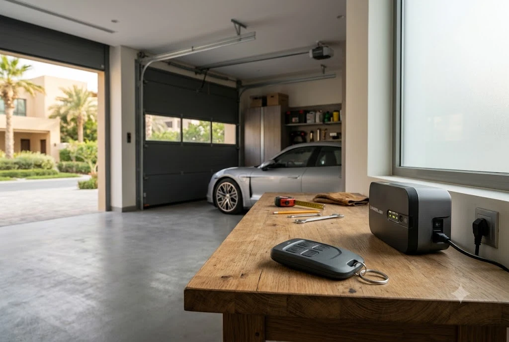 Modern universal garage door remote control used with an automatic residential garage door opener.