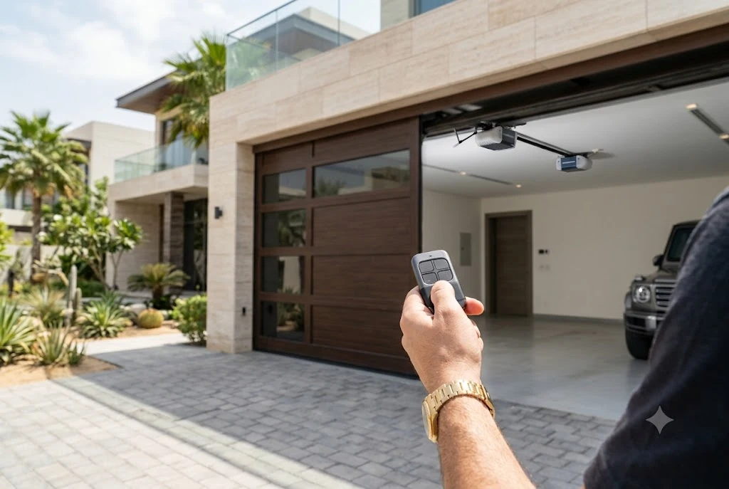 Modern universal garage door remote used with an automatic residential garage door.