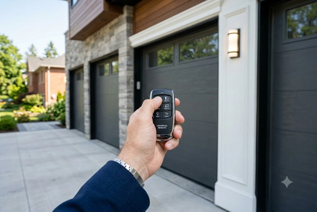 Universal garage door remote being used with a modern automatic garage door opener