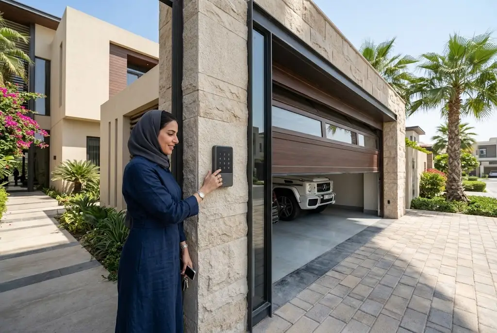Modern wireless garage door keypad installed outside a residential garage for secure keyless access.